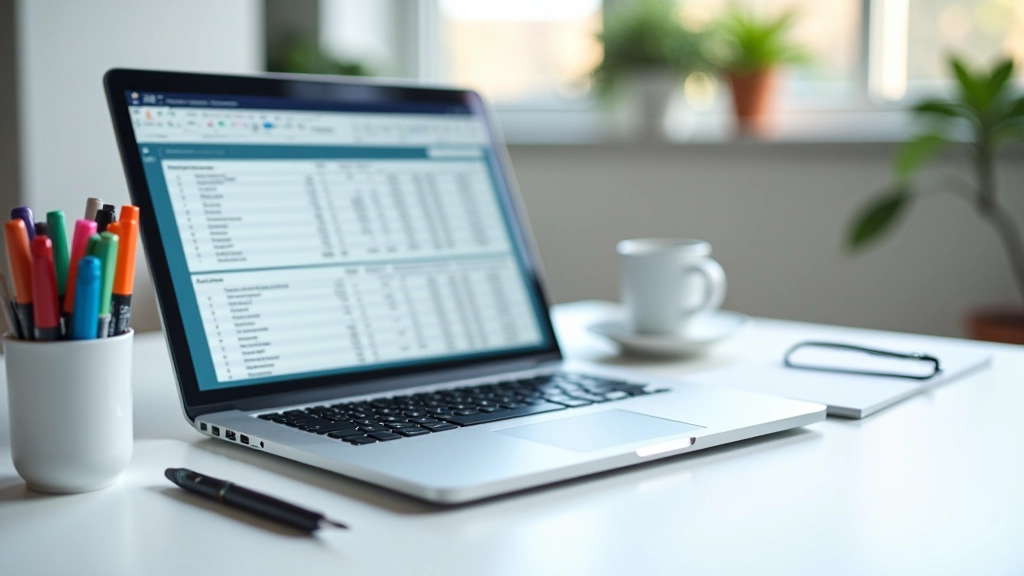 Arkusz kalkulacyjny z listą subskrypcji na ekranie laptopa, kolorowe znaczniki, długopis obok