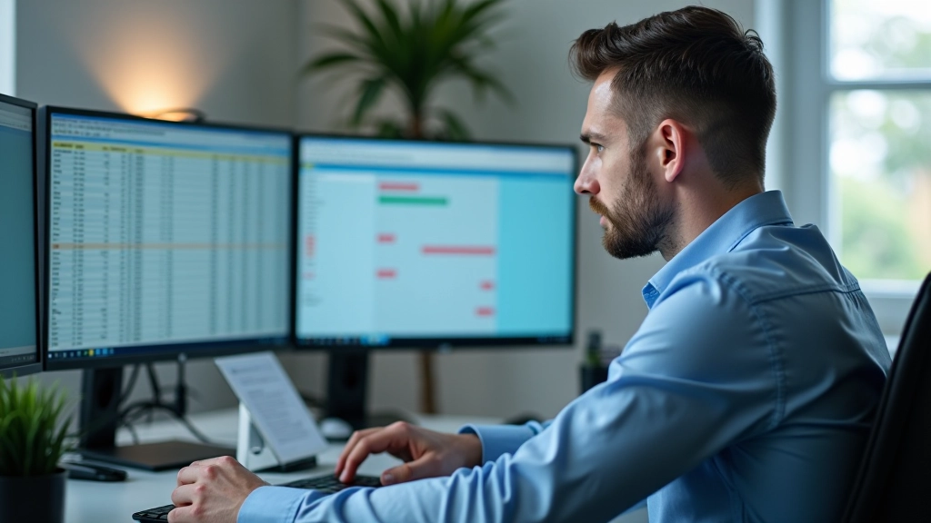 Mężczyzna pracuje z tabelą kalkulacyjną na biurku