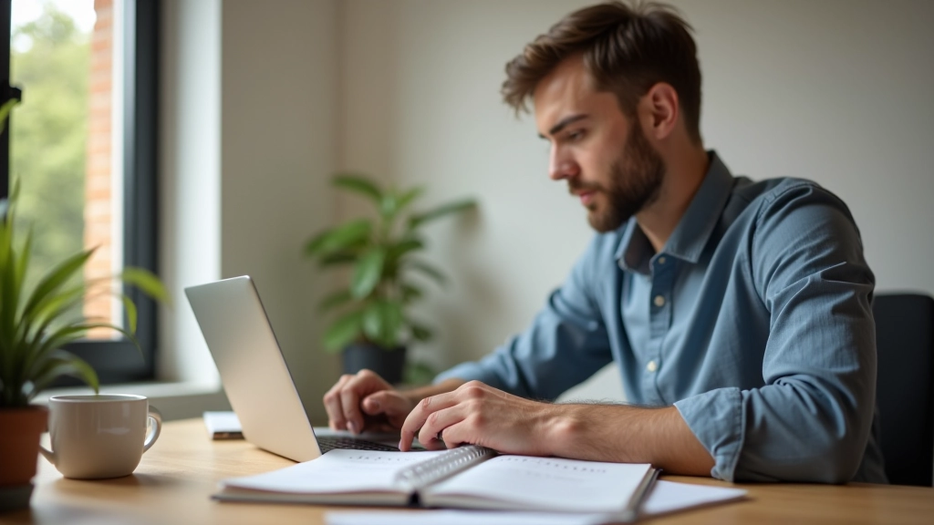 Osoba przy biurku z notatkami o subskrypcjach, laptop z otwartym kalendarzem, filiżanka kawy