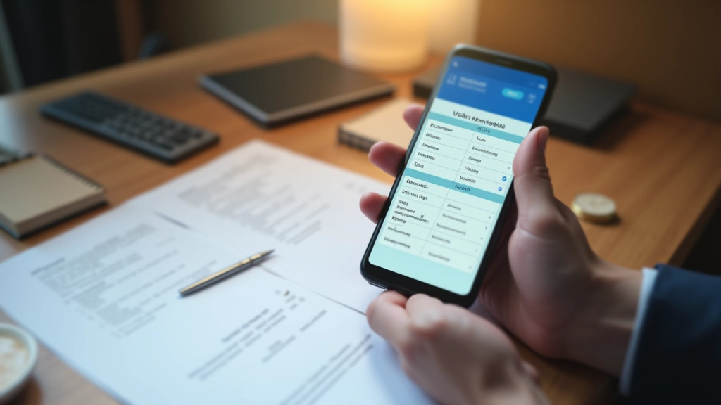 Telefon komórkowy pokazujący aplikację porównania cen operatorów, na tle rozłożone dokumenty umów