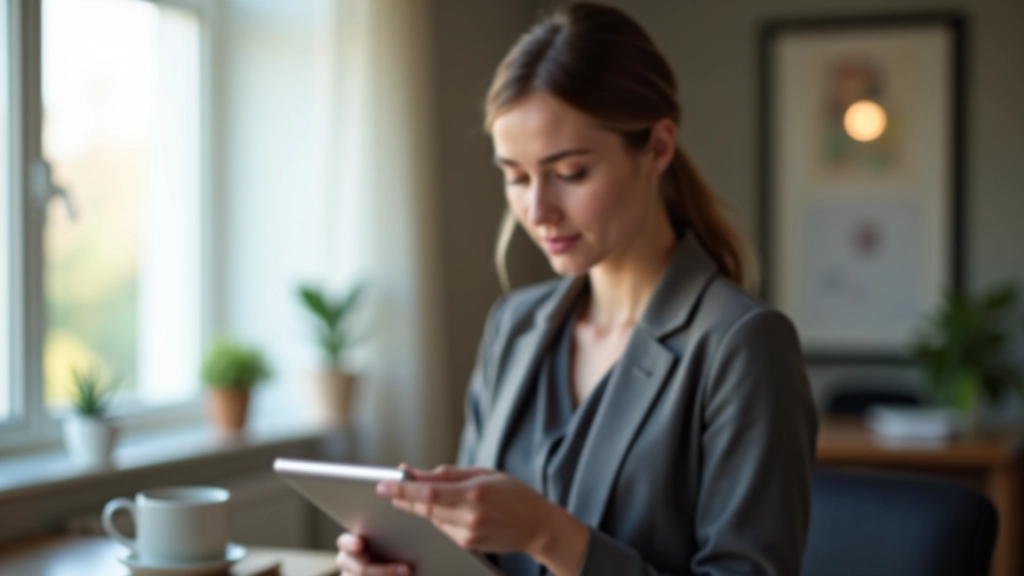 Kobieta przeglądająca subskrypcje na tablecie, otoczona dokumentami i notatkami