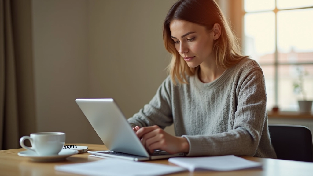 Kobieta przeglądająca rachunki z subskrypcjami na tablecie, kwiaty i kawa na biurku